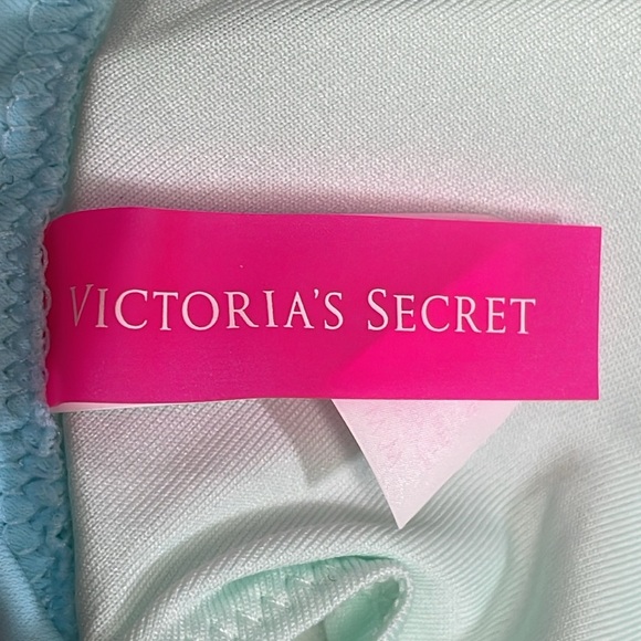 Victoria’s Secret Triangle Top PINK Ruched Ruffle Side Tie Bottom Leopard Blue M - Picture 12 of 15
